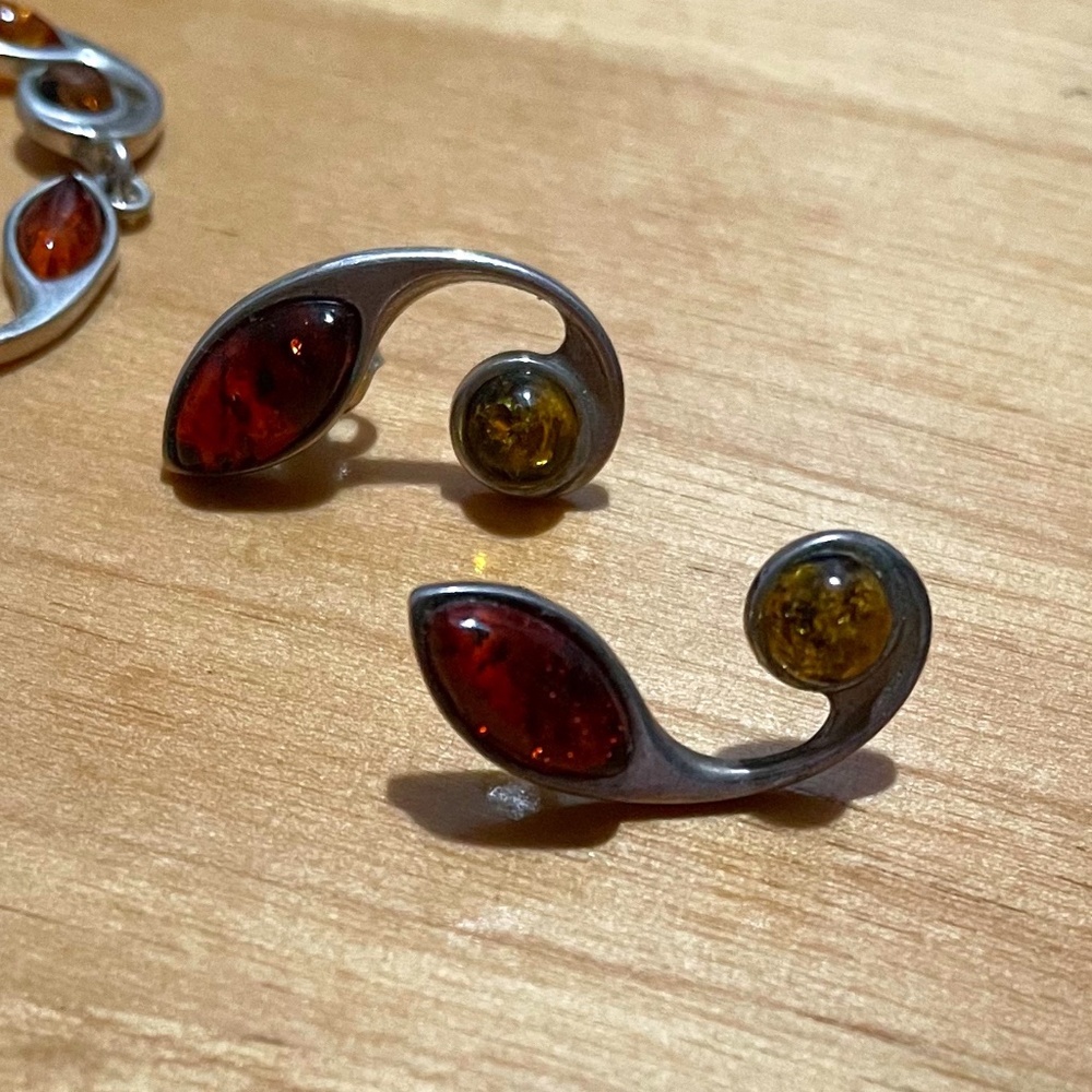 Vintage Silver Amber Necklace and Earring Set